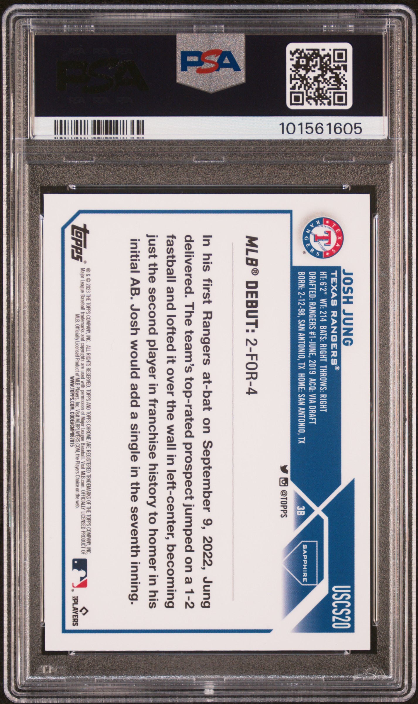 2023 Topps Chrome Update Sapphire Edition Josh Jung #20 (Orange) Mint 9 back