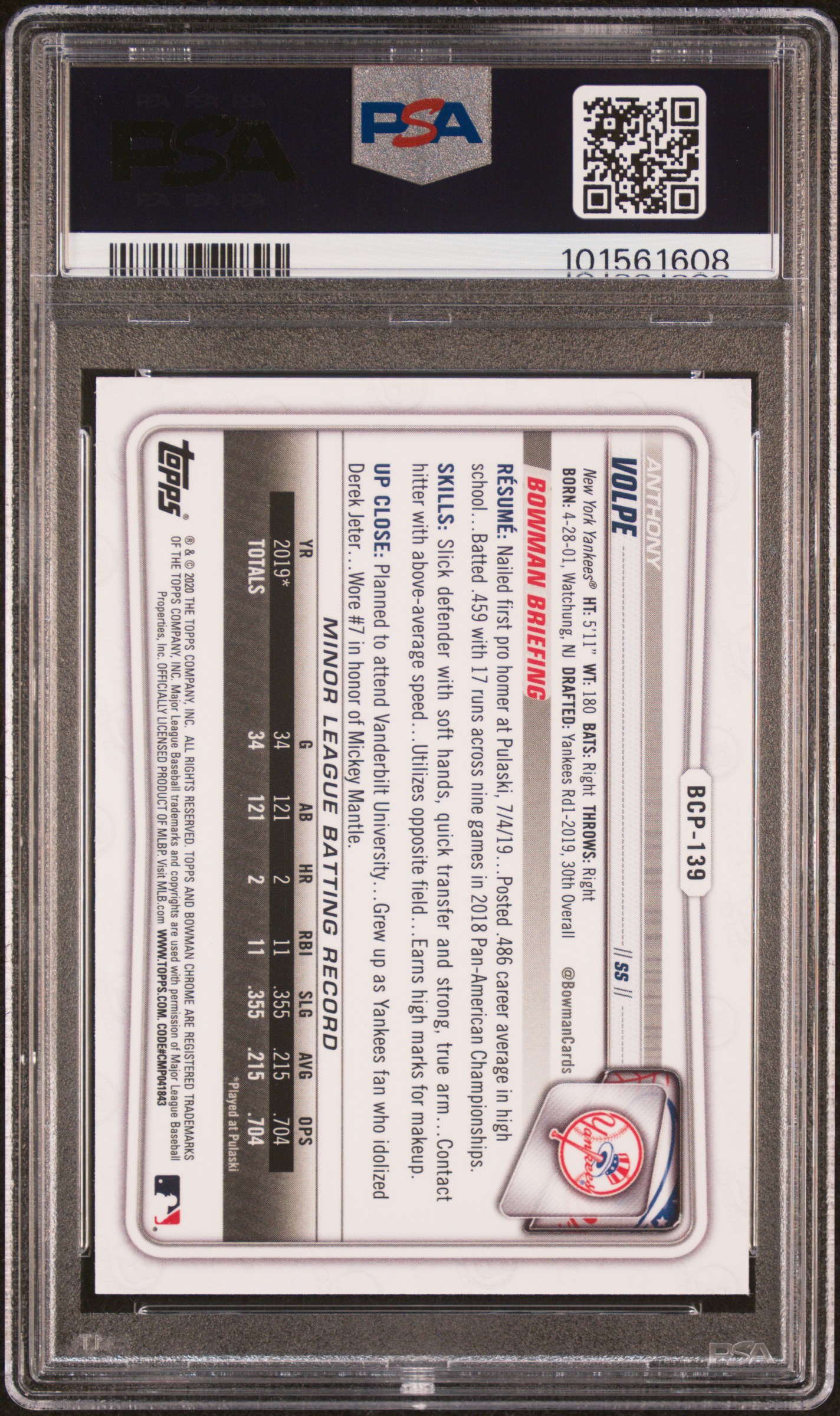 2020 Bowman Chrome Sapphire Edition Anthony Volpe #Bcp139 (Sapphire Edition) Mint 9 back