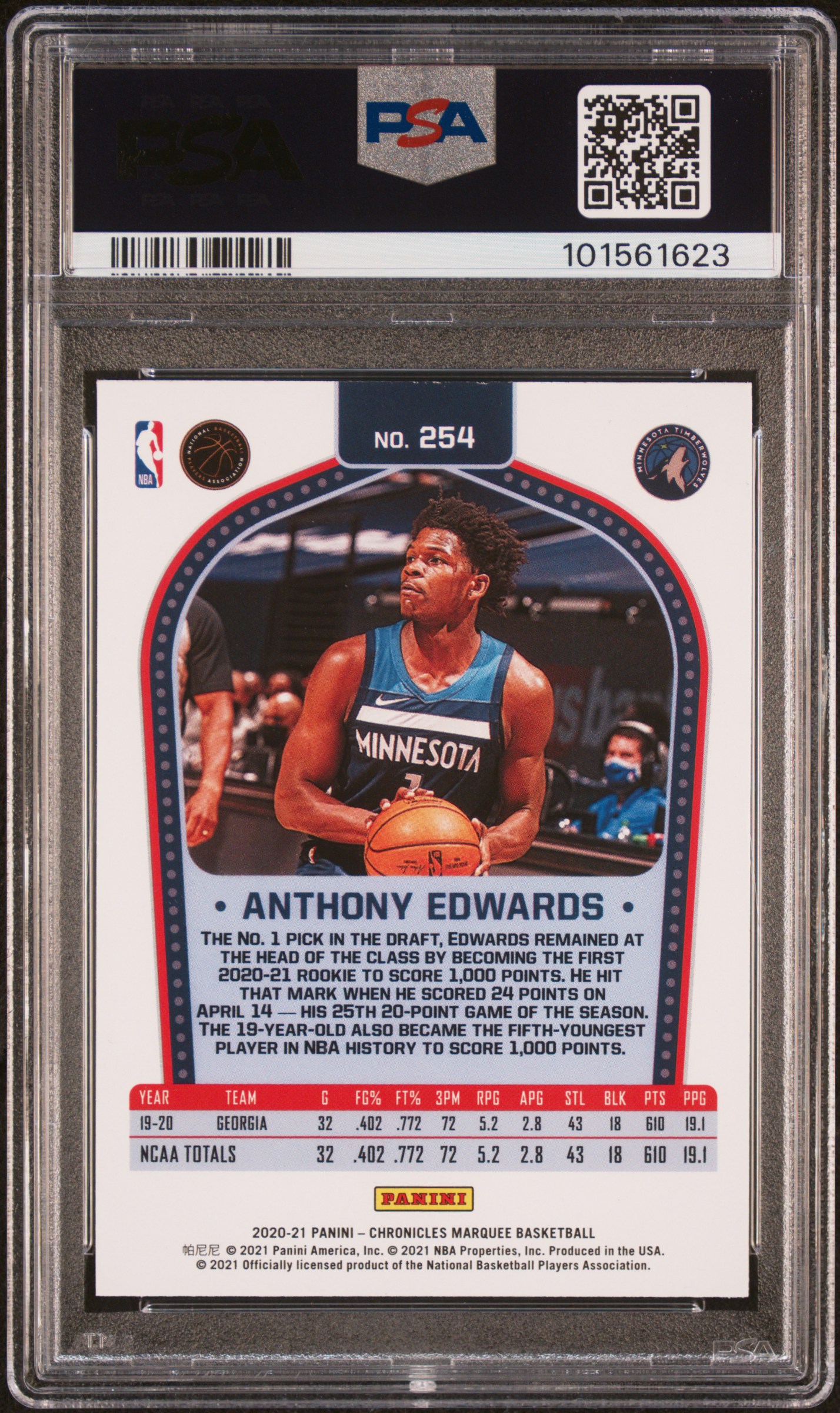 2020 Panini Chronicles Anthony Edwards #254 Mint 9 back