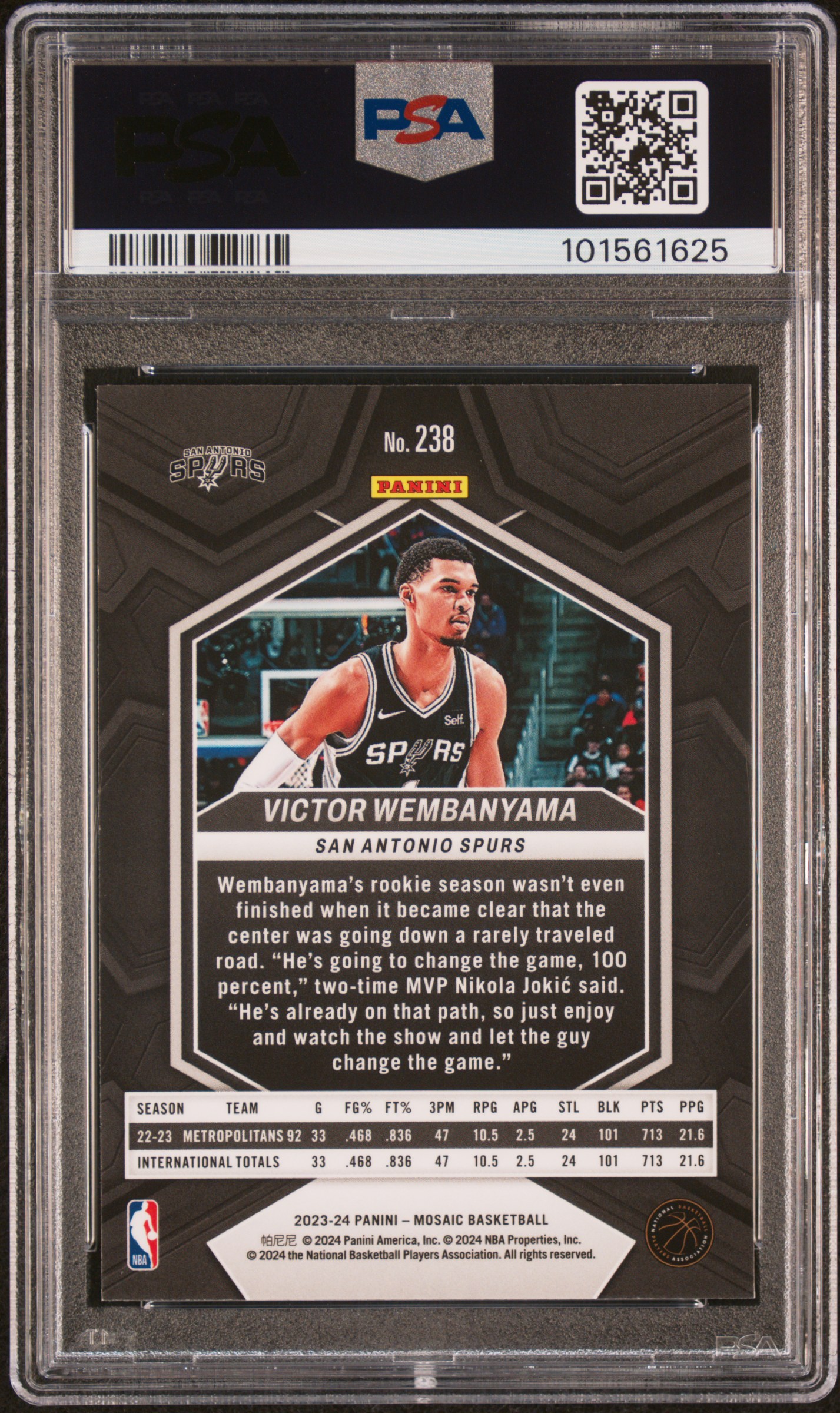 2023 Panini Mosaic Victor Wembanyama #238 Gem Mt 10 back