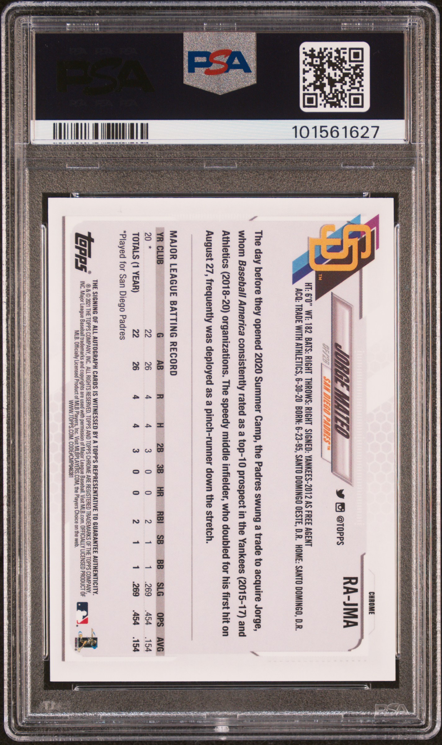 2021 Topps Chrome Rookie Autographs Jorge Mateo #Rajma (Rookie Autograph) Mint 9 back