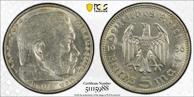 1936-D 5 Mk No Swastika J-360 DDR AU58