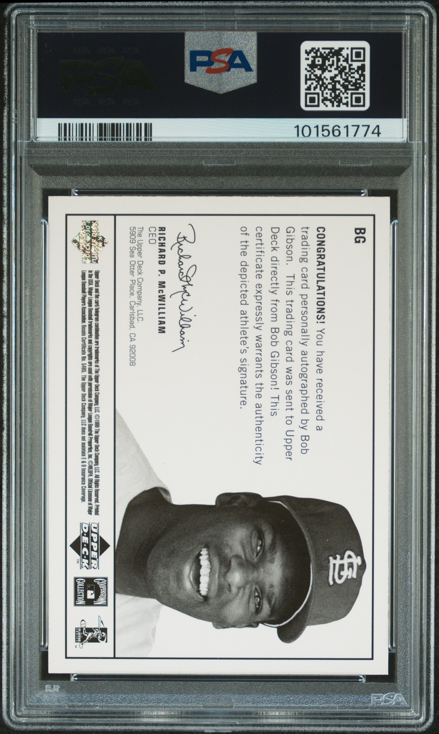 1999 Upper Deck Century Legends Epic Signatures Bob Gibson #Bg (Epic Signatures) back
