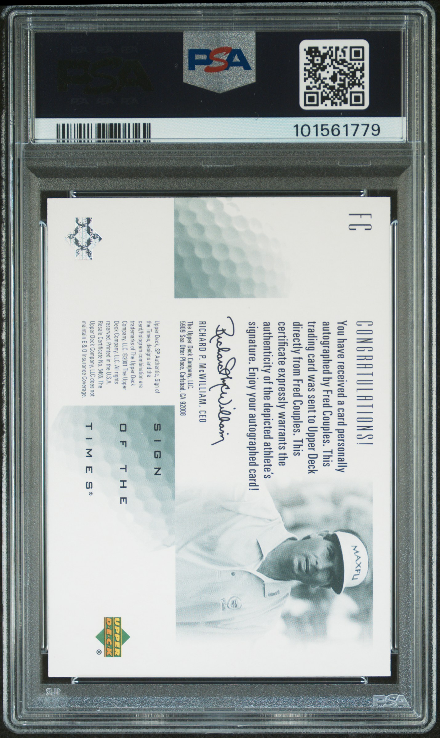 2001 Sp Authentic Sign Of The Times Fred Couples #Fc (Sign Of The Times) back