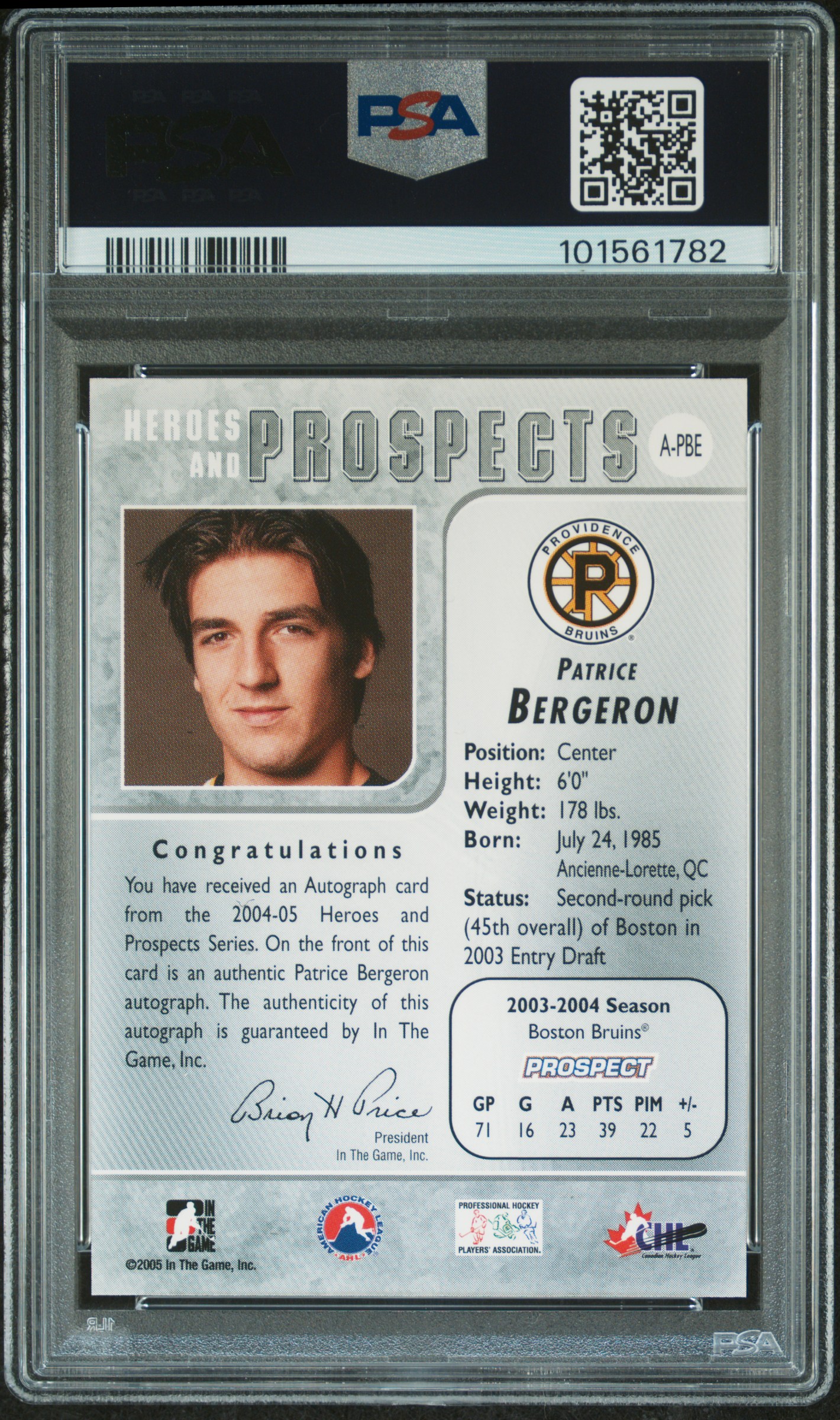 2004 In The Game Heroes & Prospects Autographs Patrice Bergeron #A-Pbe (Heroes & Pros. Auto.) back