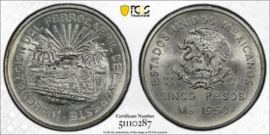 1950-Mo 5 Peso Southeastern Railroad KM-466  Ag MS63