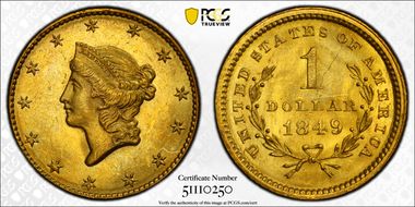 1849 G$1 Open Wreath MS63