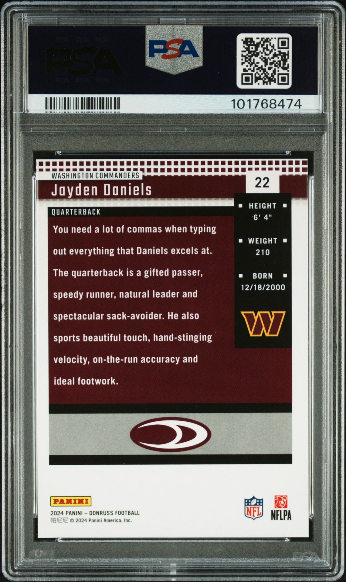 2024 Panini Donruss Retro 2004 Jayden Daniels #22 Gem Mt 10 back view - PSA certificate #101768474
