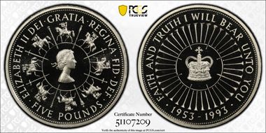 1993 £5 S-L2 40th Ann. of Coronation Cu/Ni S-L2 PR69DCAM