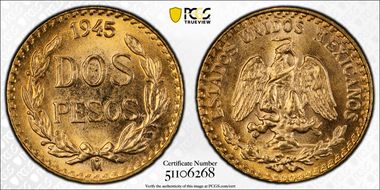1945-Mo 2 Peso KM-461  Au MS66