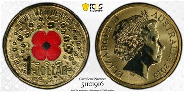 2015 $1 WWI War Heroes-Red Poppy Colorized MS69