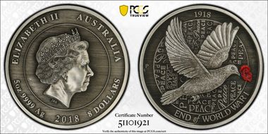 2018-P $8 End of WWI 100 Anniv. Antique Finish Colorized SP69