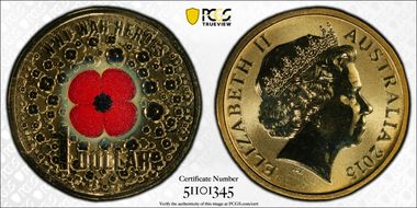 2015 $1 WWI War Heroes-Red Poppy Colorized MS69