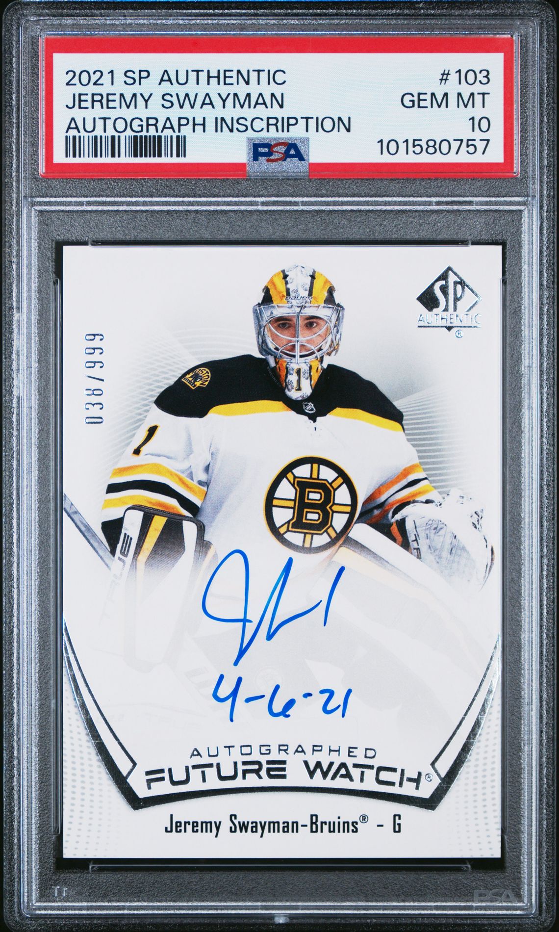 2021 Upper Deck SP AUTHENTIC AUTOGRAPH INSCRIPTION #103 Jeremy Swayman front