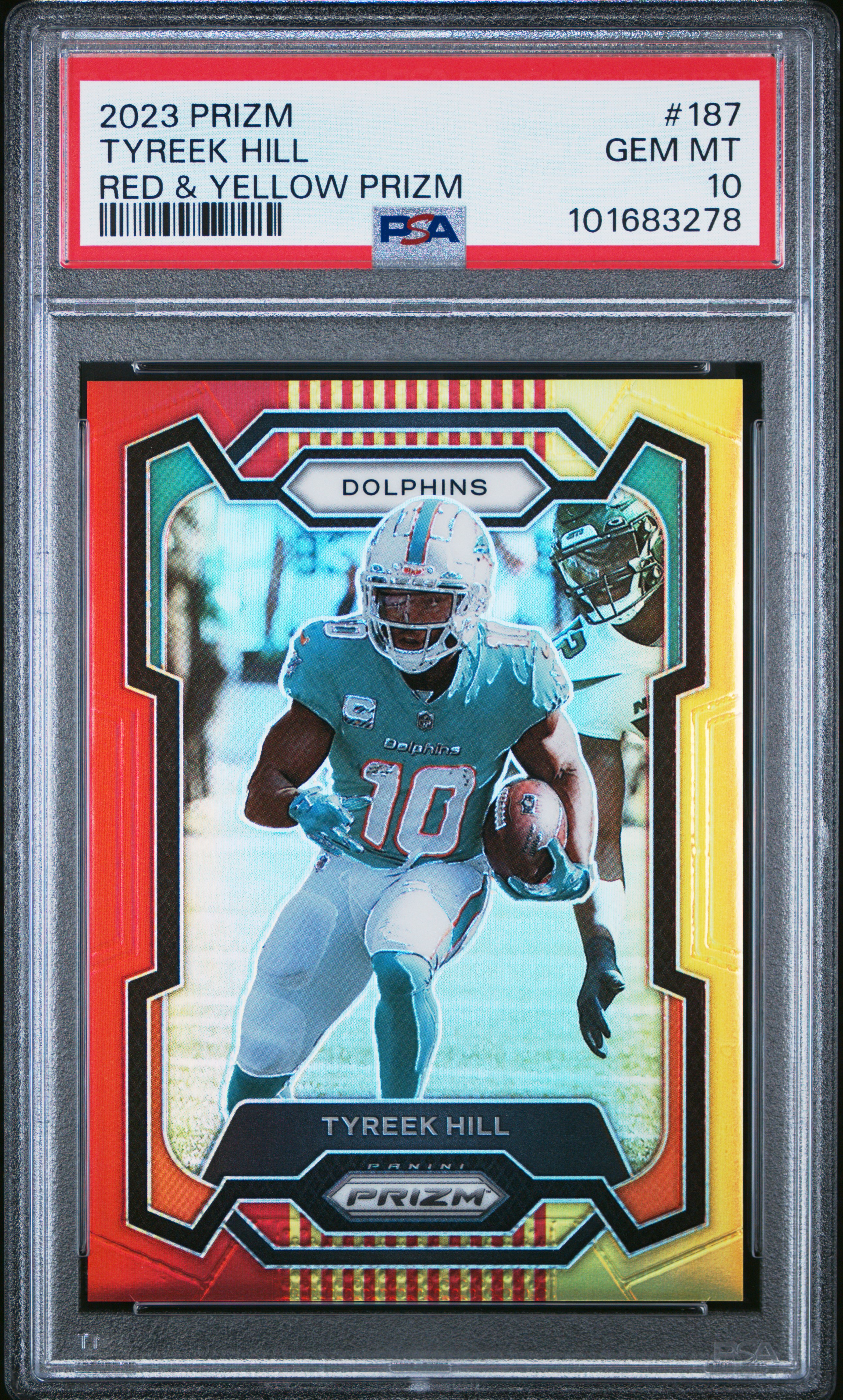 2023 Panini Prizm Tyreek Hill #187 (Red & Yellow Prizm) Gem Mt 10 front