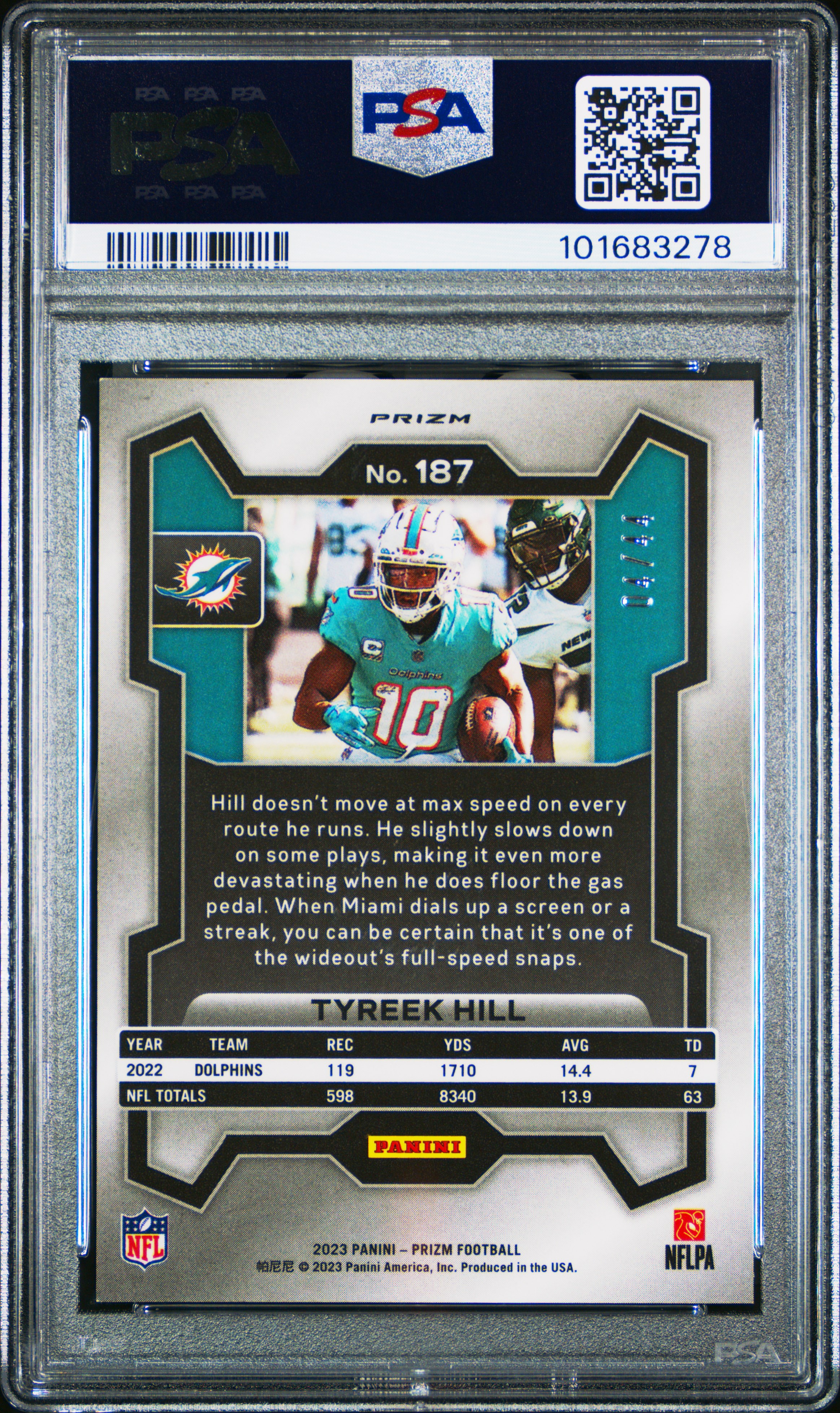 2023 Panini Prizm Tyreek Hill #187 (Red & Yellow Prizm) Gem Mt 10 back