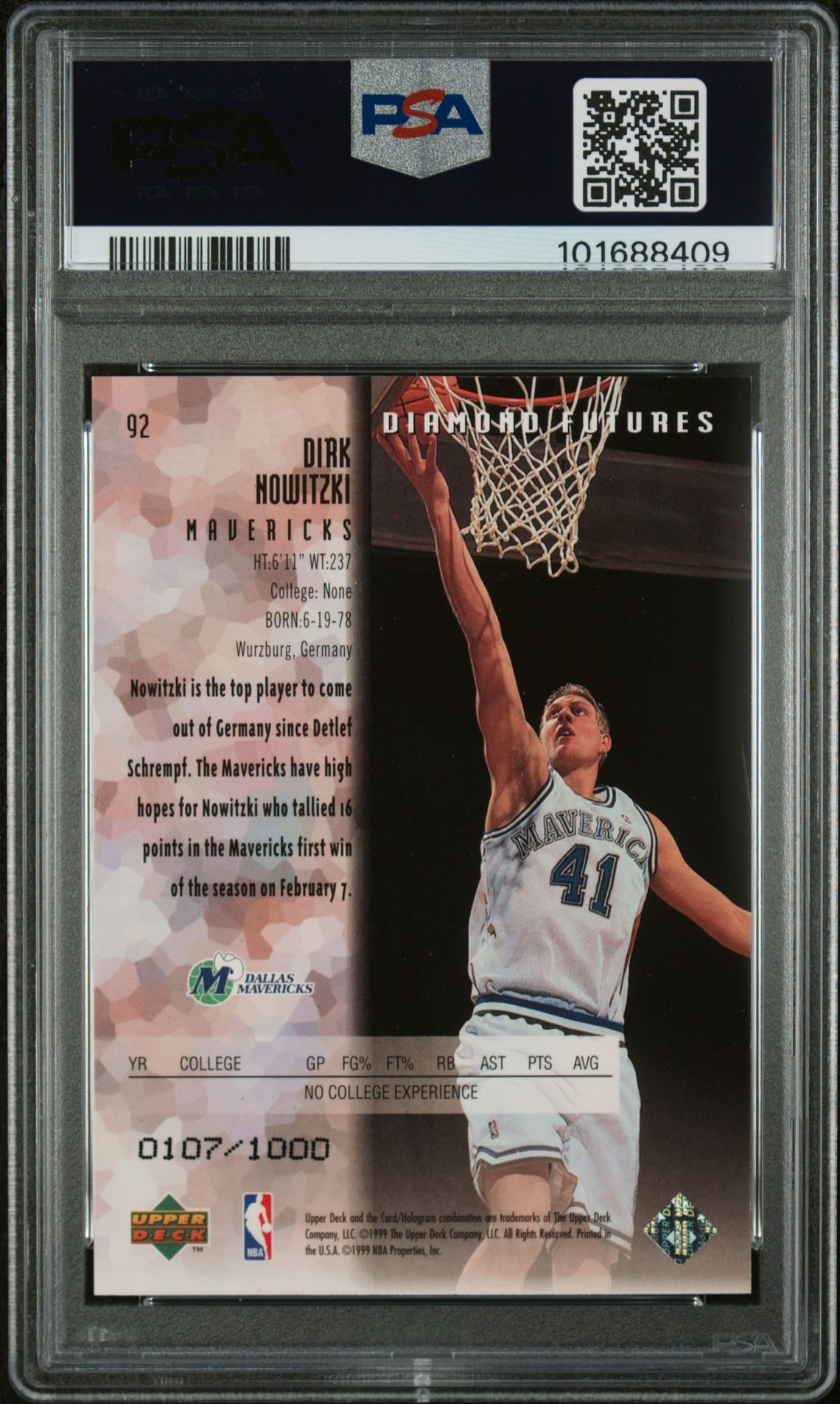 1998 Upper Deck Black Diamond Dirk Nowitzki #92 (Triple) Nm-Mt 8 back