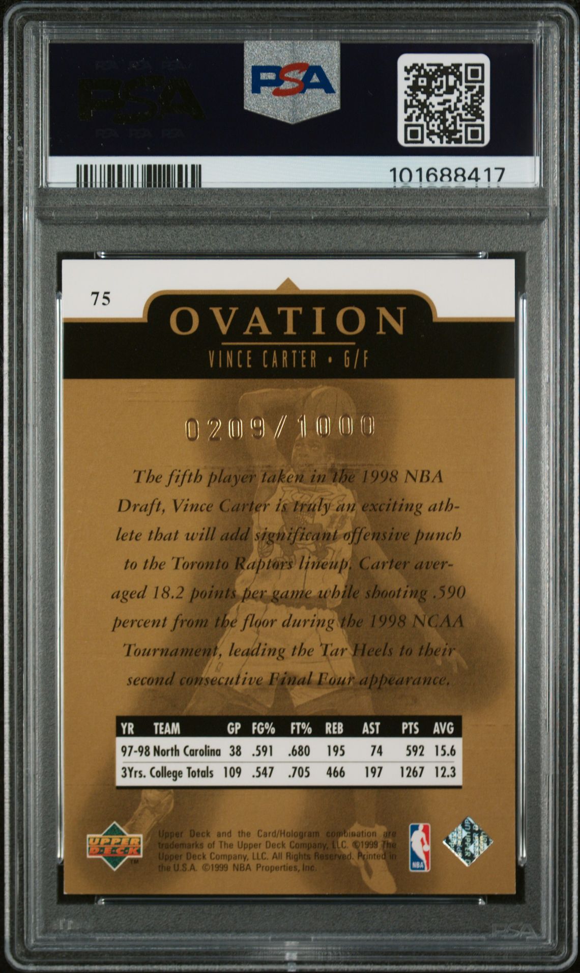 1998 Upper Deck Ovation Vince Carter #75 (Gold) Nm-Mt 8 back