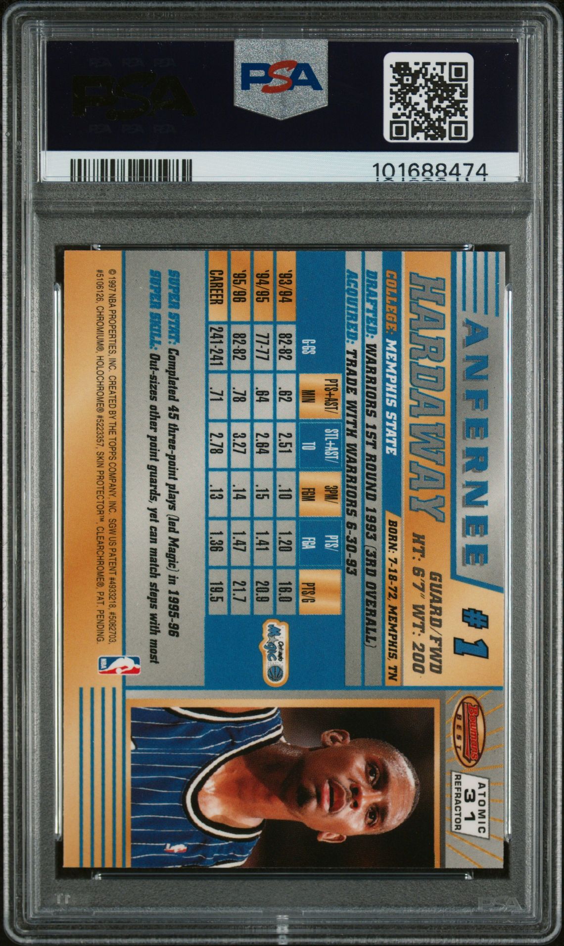 1996 Bowman's Best Anfernee Hardaway #31 (Atomic Refractor) Mint 9 back