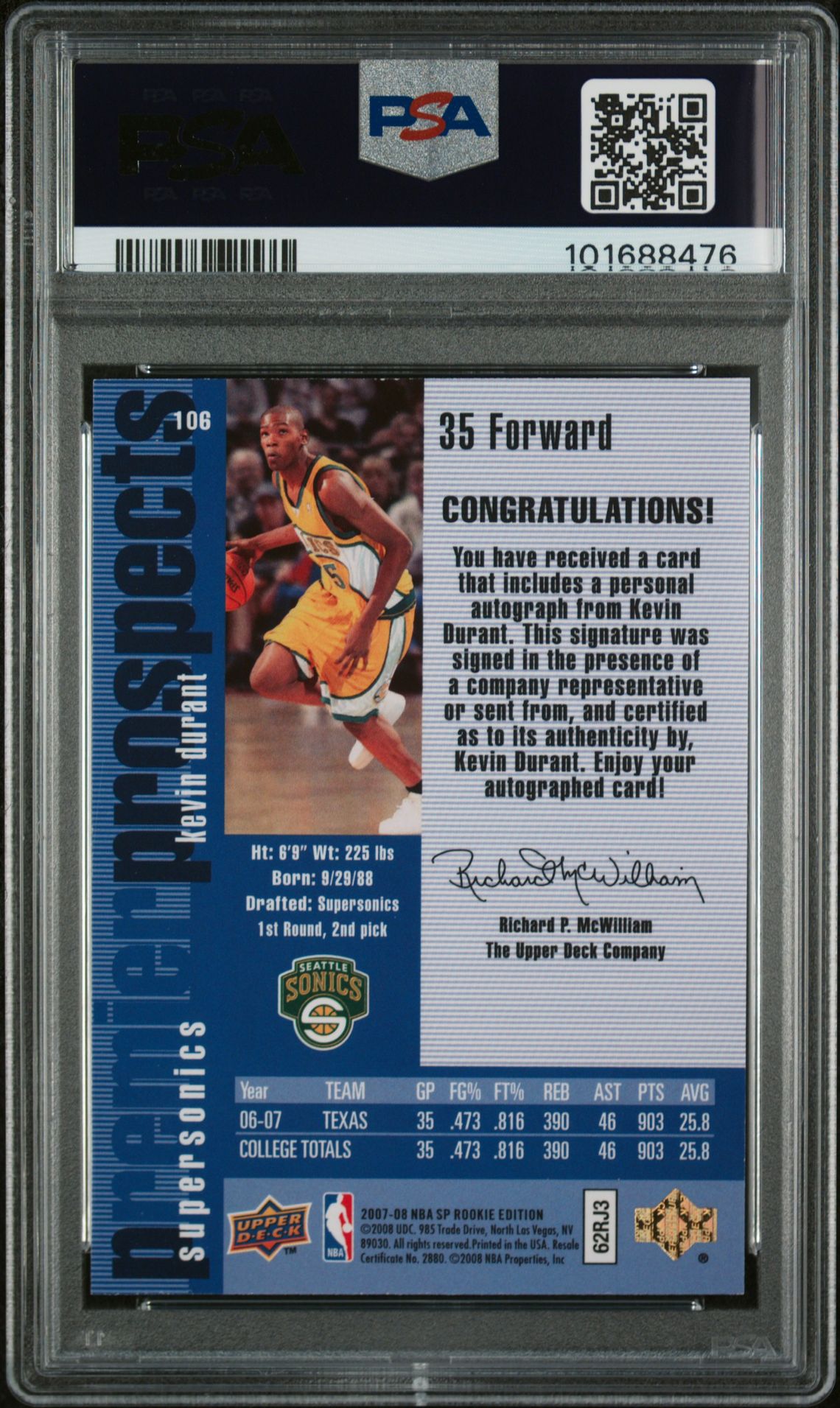 2007 Sp Rookie Edition Kevin Durant #106 (1996 Sp Rookie Dsgn-Auto.) Mint 9 back