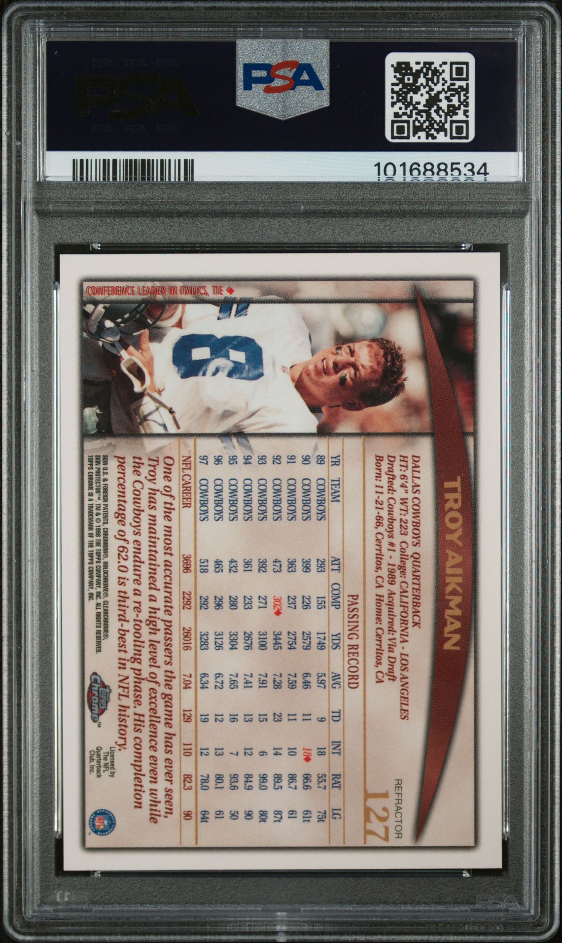 1998 Topps Chrome Troy Aikman #127 (Refractor) Mint 9 back