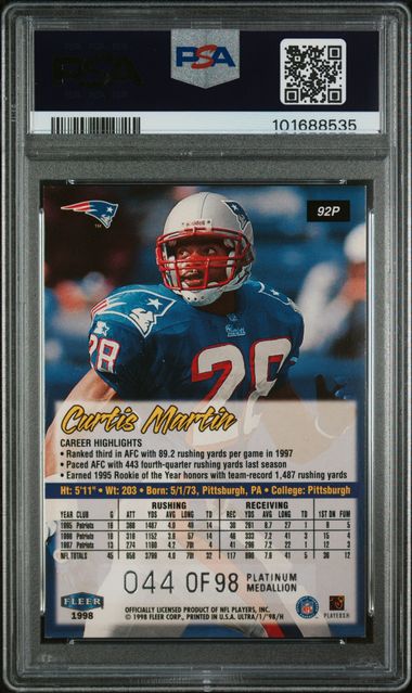 1998 Ultra Curtis Martin #92P (Platinum Medallion) Nm 7 back