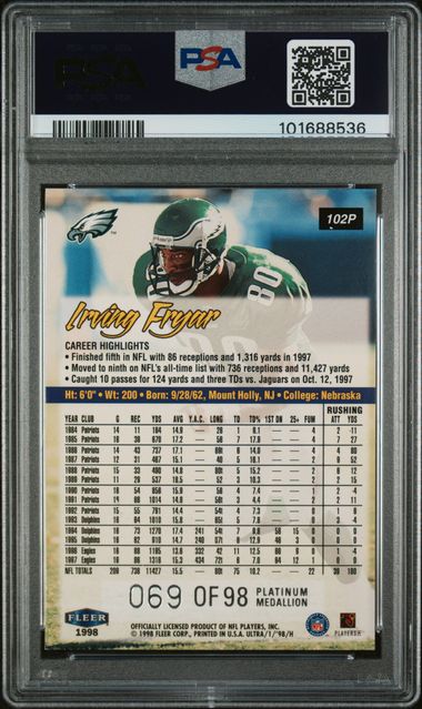 1998 Ultra Irving Fryar #102P (Platinum Medallion) Nm-Mt 8 back