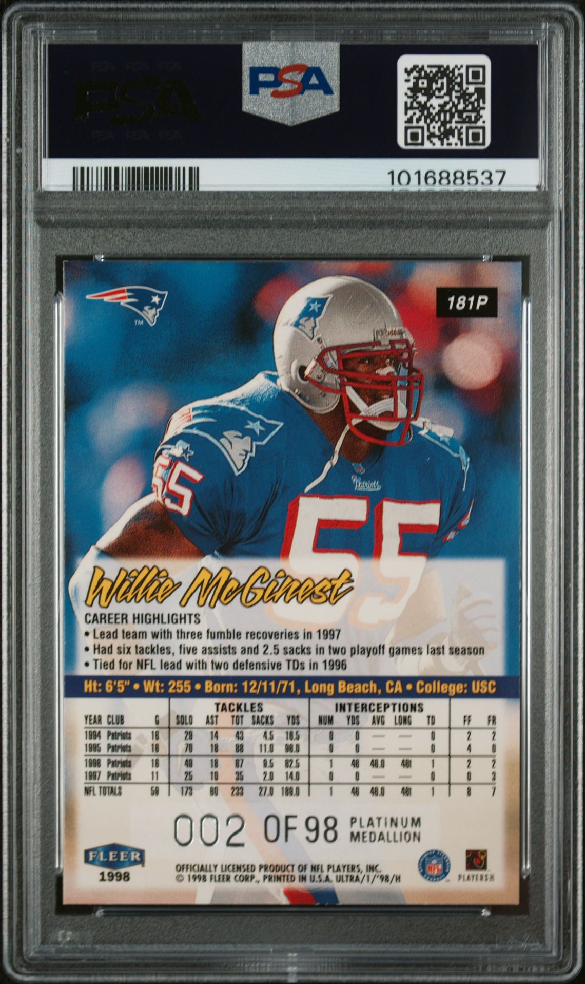 1998 Ultra Willie Mcginest #181P (Platinum Medallion) Nm-Mt 8 back