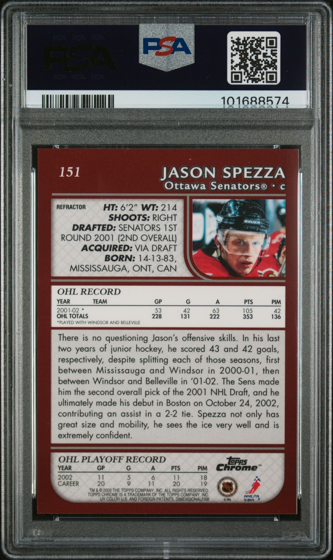 2002 Topps Chrome Jason Spezza #151 (Refractor) Mint 9 back