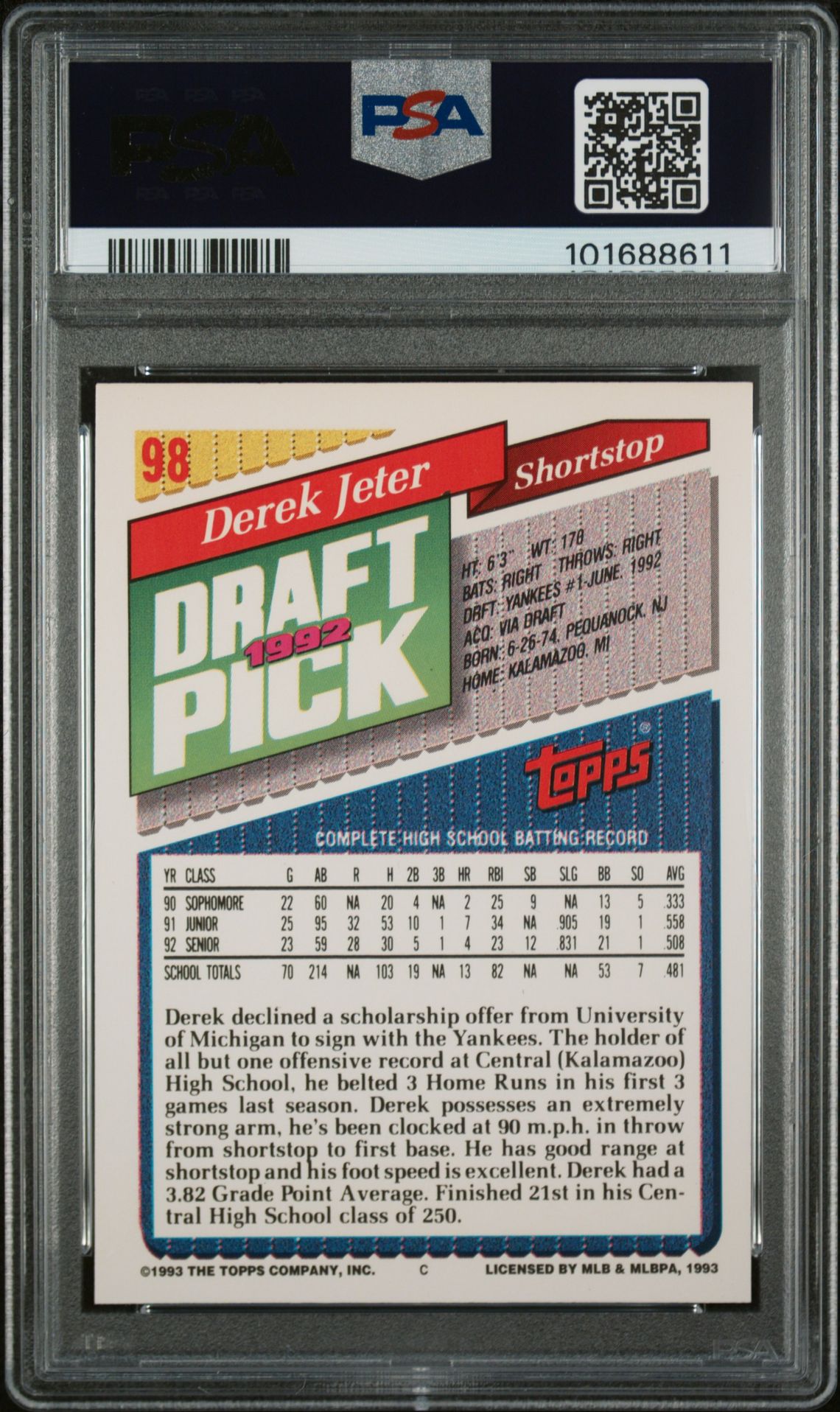 1993 Topps Gold Derek Jeter #98 Nm-Mt 8 back