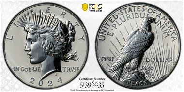 2024-S $1 Peace Dollar Rev PR Two-Coin Reverse Proof Set First Strike PR70