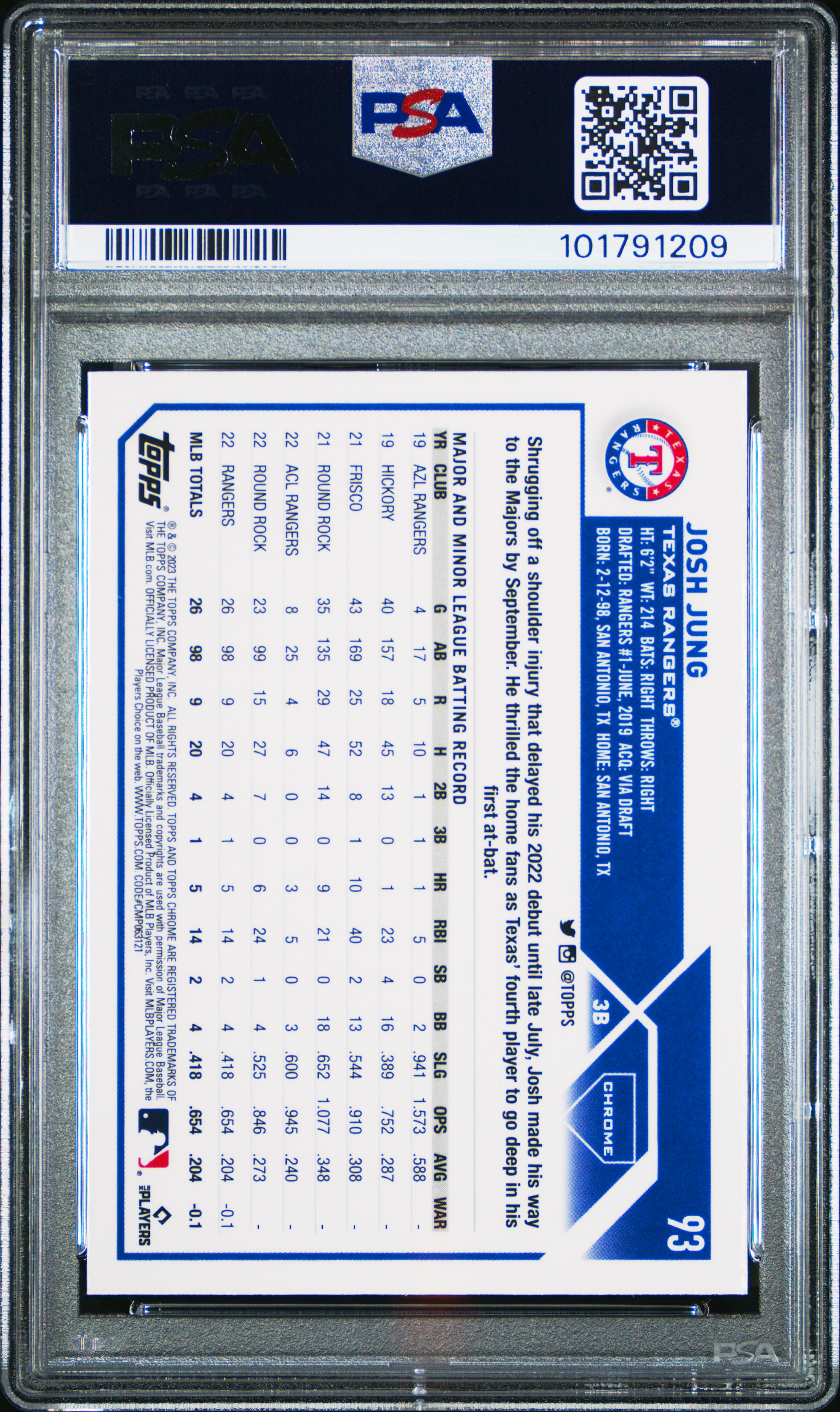 2023 Topps Chrome Josh Jung #93 Gem Mt 10 back