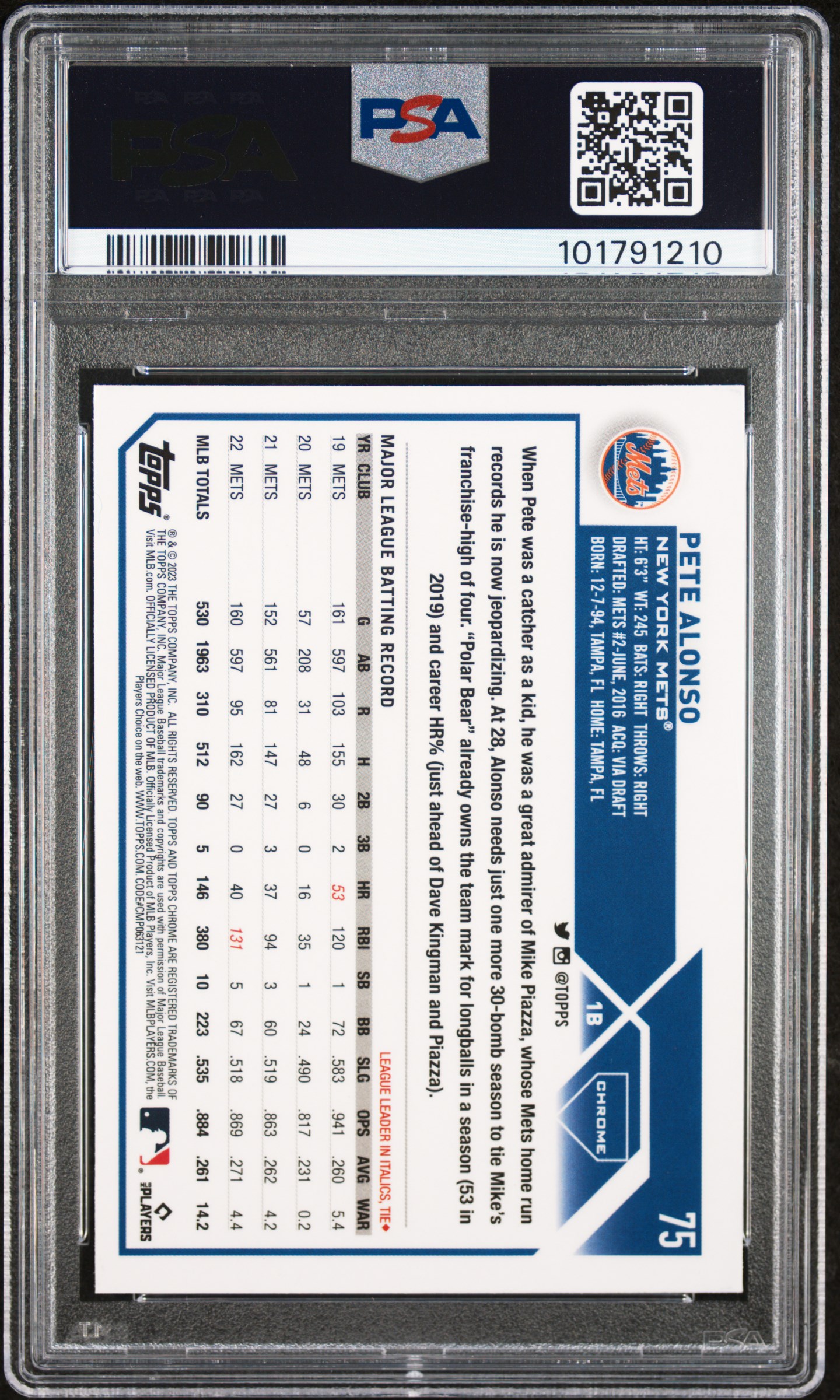 2023 Topps Chrome Pete Alonso #75 (Pink Refractor) Mint 9 back