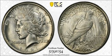 1921 $1 High Relief, Peace MS62