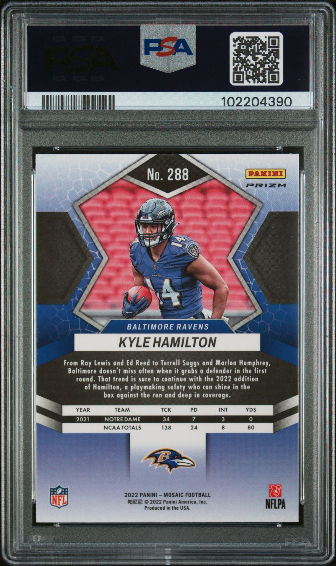 2022 Panini Mosaic Kyle Hamilton #288 (Gold Sparkle) Gem Mt 10 back