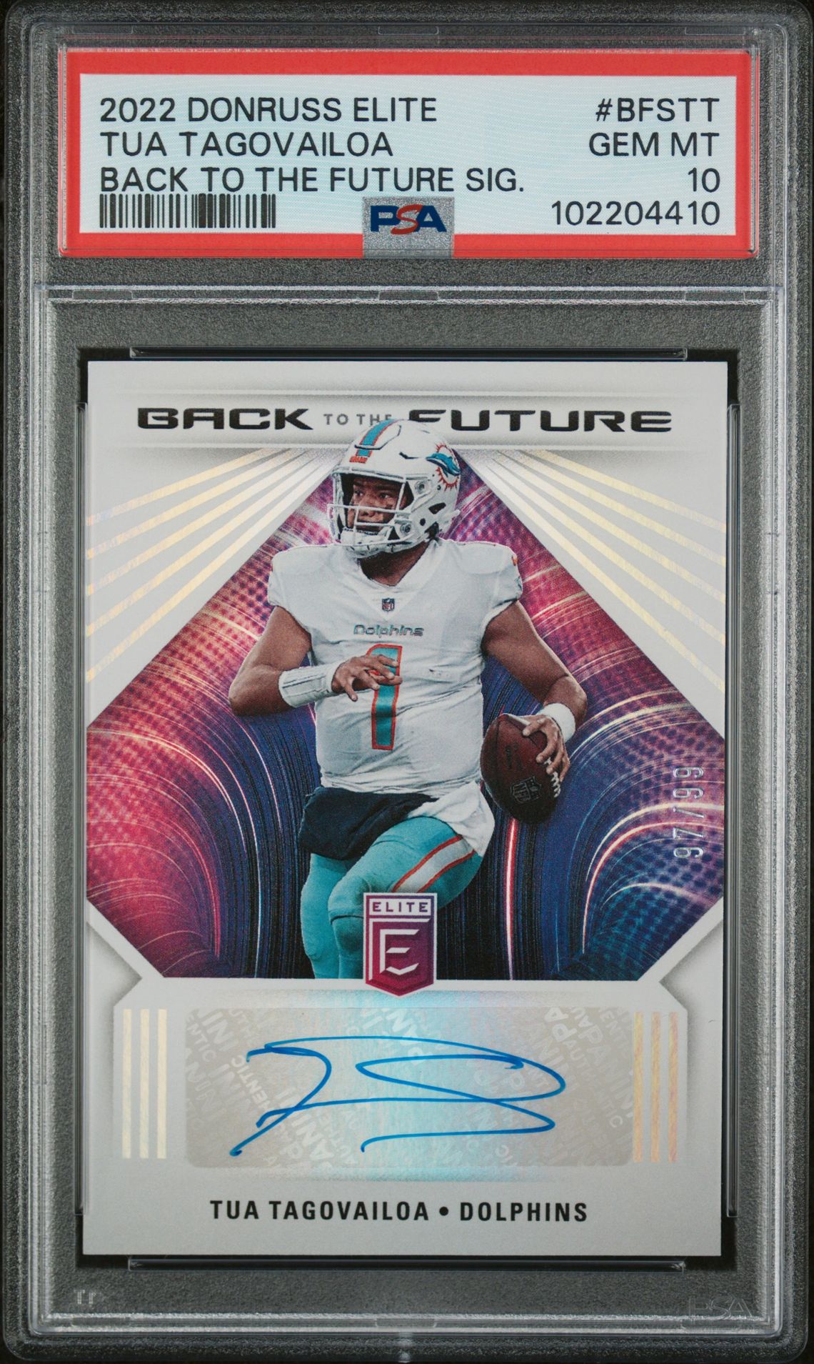 2022 Panini Donruss Elite Back To The Future Signatures Tua Tagovailoa #Bfstt (Back To The Future Sig.) Gem Mt 10 front