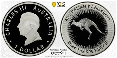 2024-P125 $1 Kangaroo Ag King Charles III First Issue PR70DCAM