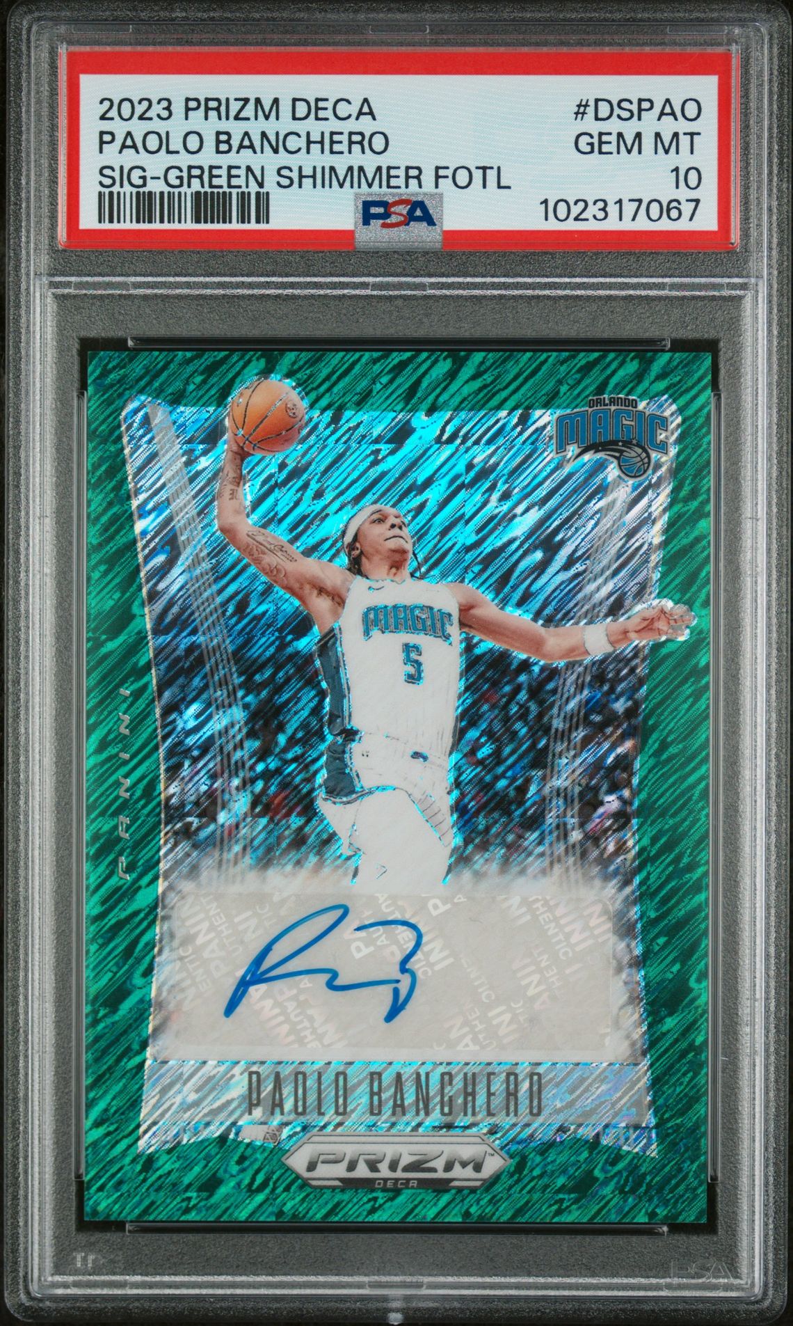 2023 Panini PANINI PRIZM DECA SIGNATURES GREEN SHIMMER FOTL #DSPAO Paolo Banchero front