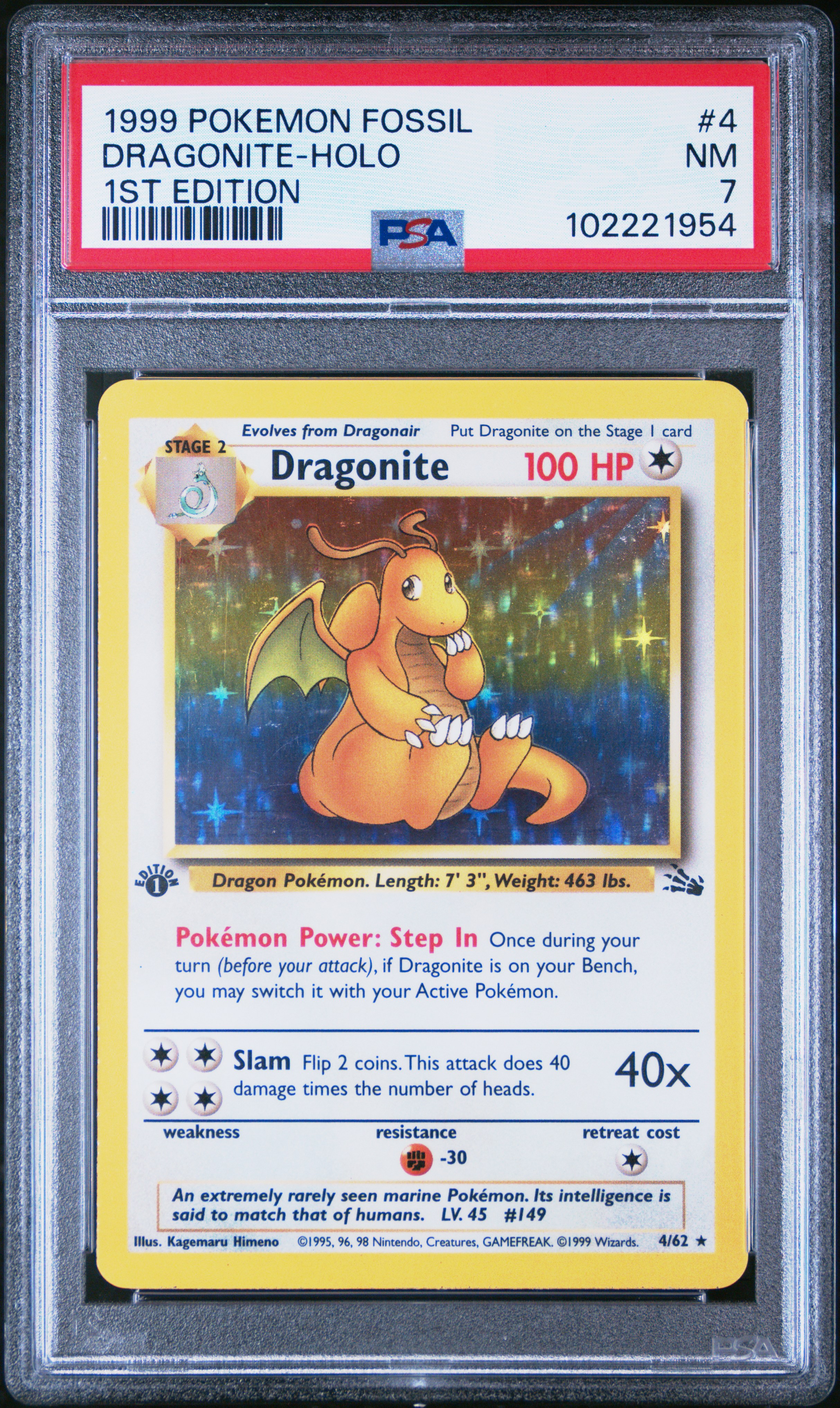 1999 Pokemon Fossil Dragonite-Holo #4 (1St Edition) Nm 7 front