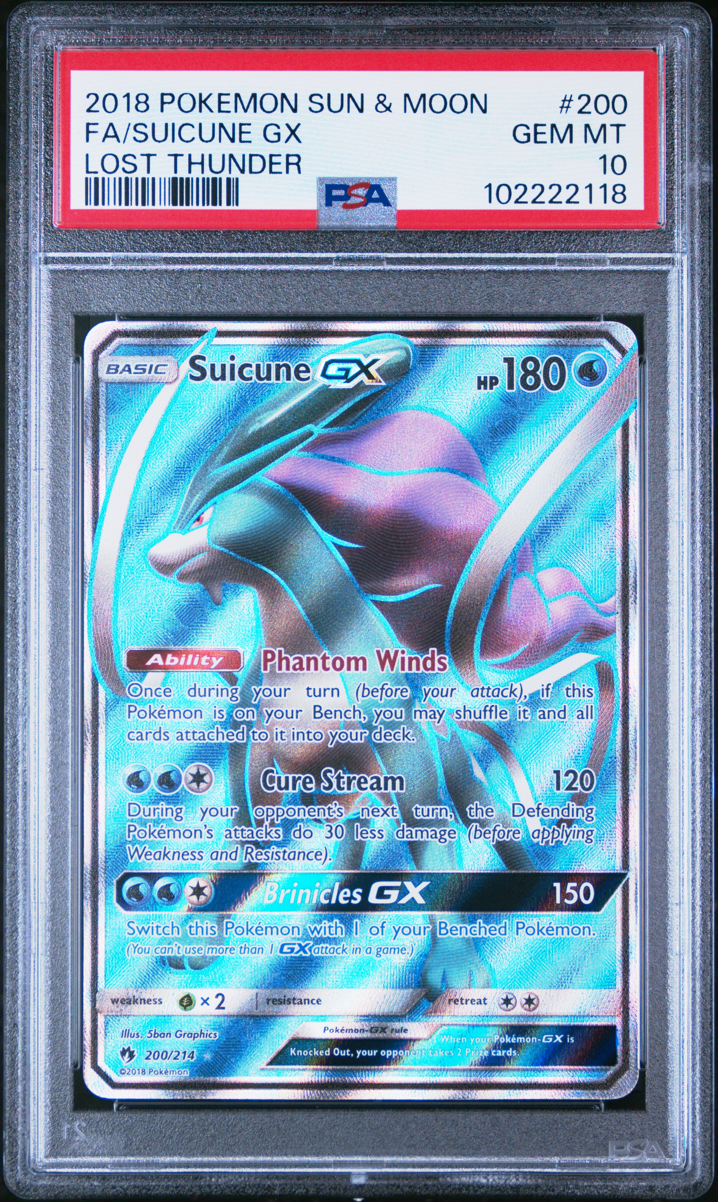 2018 Pokemon Sun & Moon Lost Thunder Fa/Suicune Gx #200 (Lost Thunder) Gem Mt 10 front