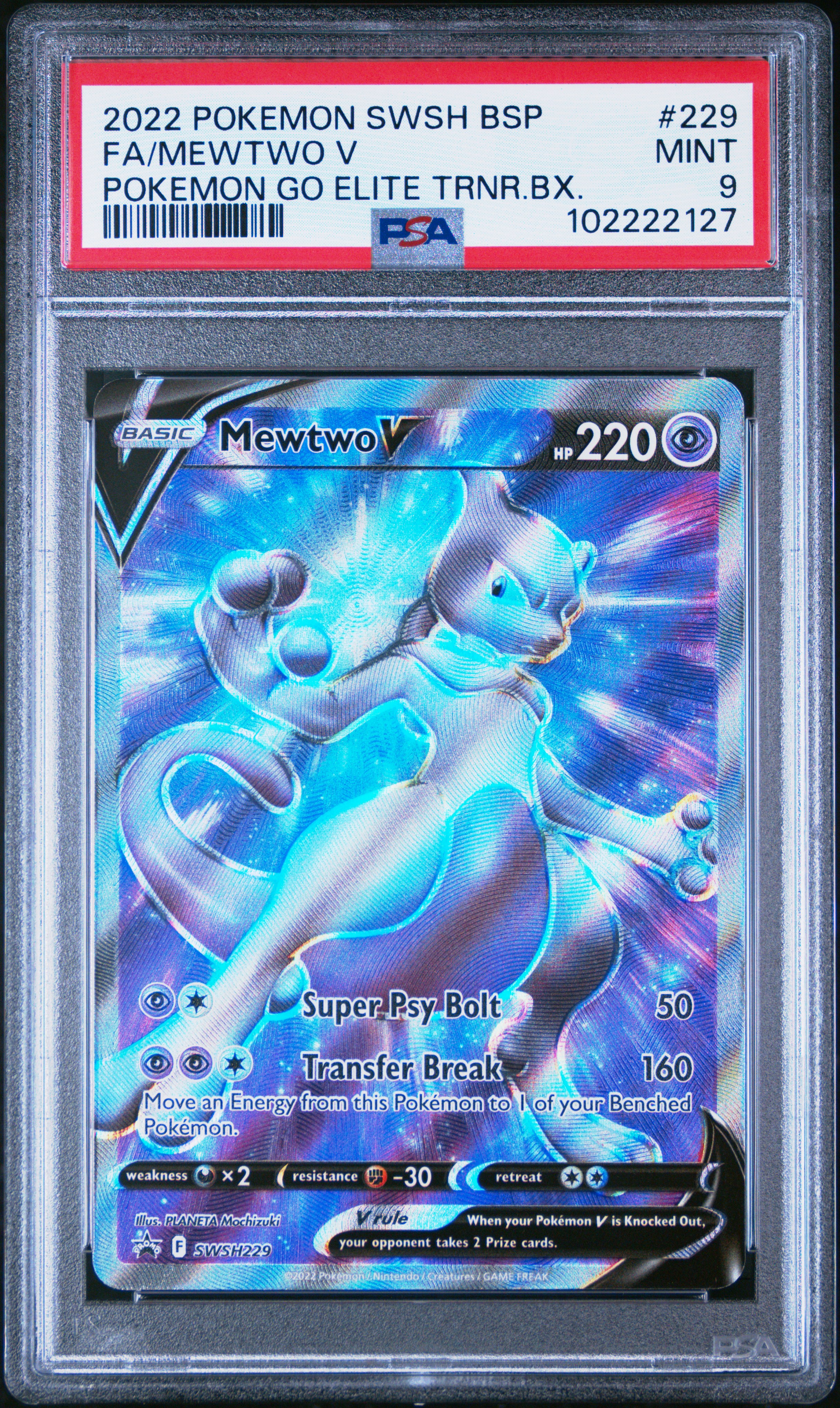2022 Pokemon Swsh Black Star Promo Fa/Mewtwo V #229 (Pokemon Go Elite Trnr.bx.) Mint 9 front