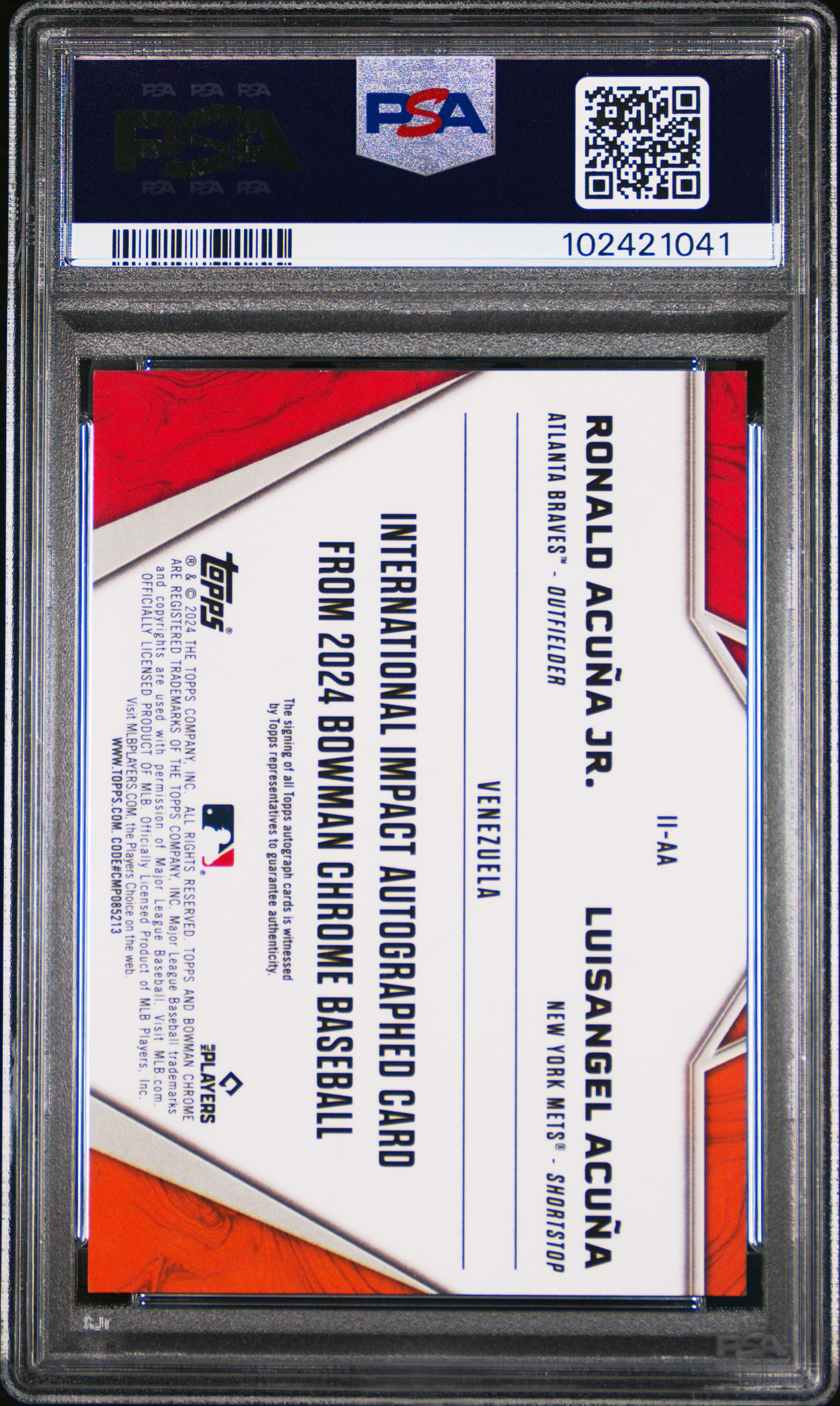 2024 Bowman Chrome International Impact Autographs Acuna Jr./Acuna #Iiaa (Intl Impct Au-Gld Mini Dia Ref) Mint 9 back