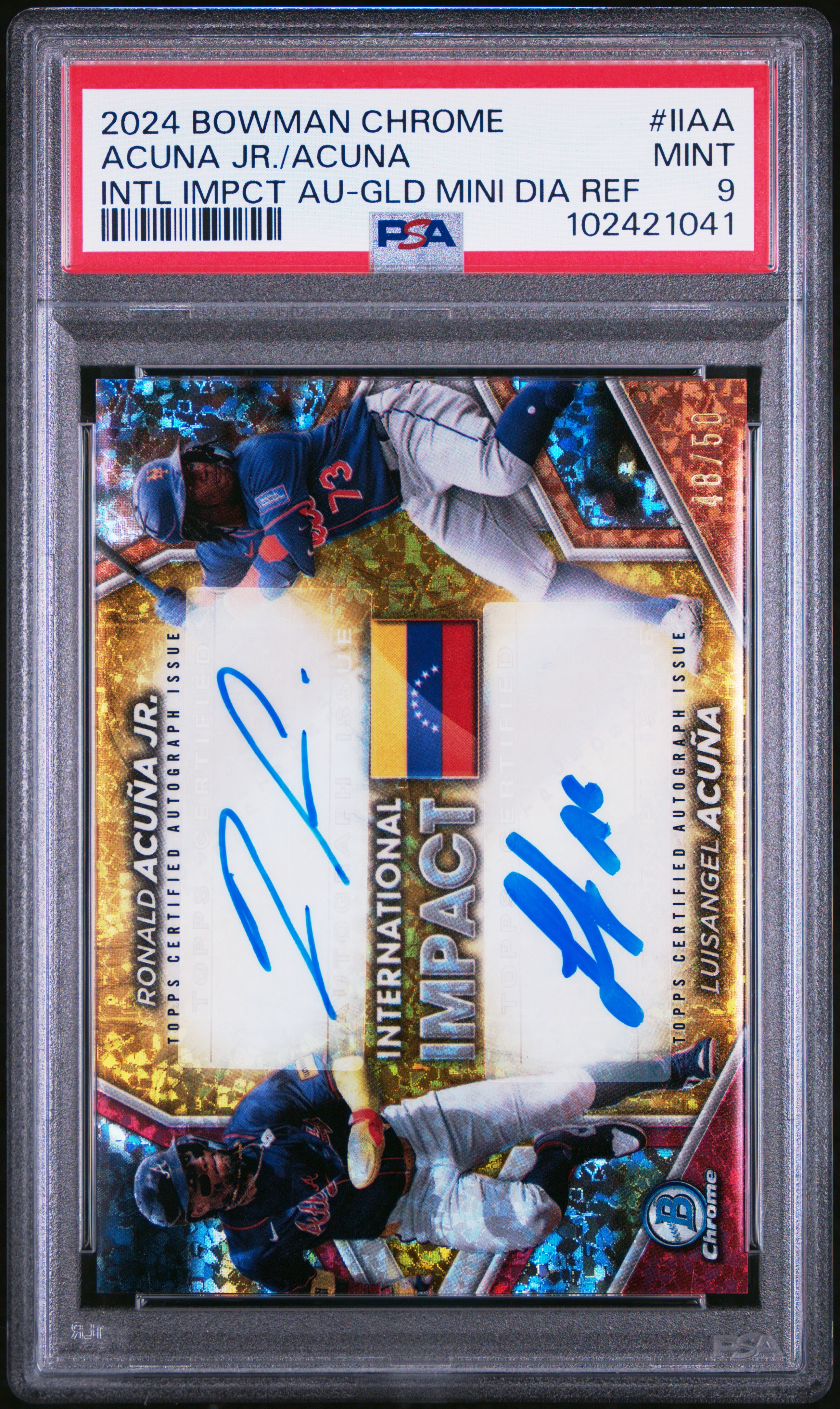 2024 Bowman Chrome International Impact Autographs Acuna Jr./Acuna #Iiaa (Intl Impct Au-Gld Mini Dia Ref) Mint 9 front