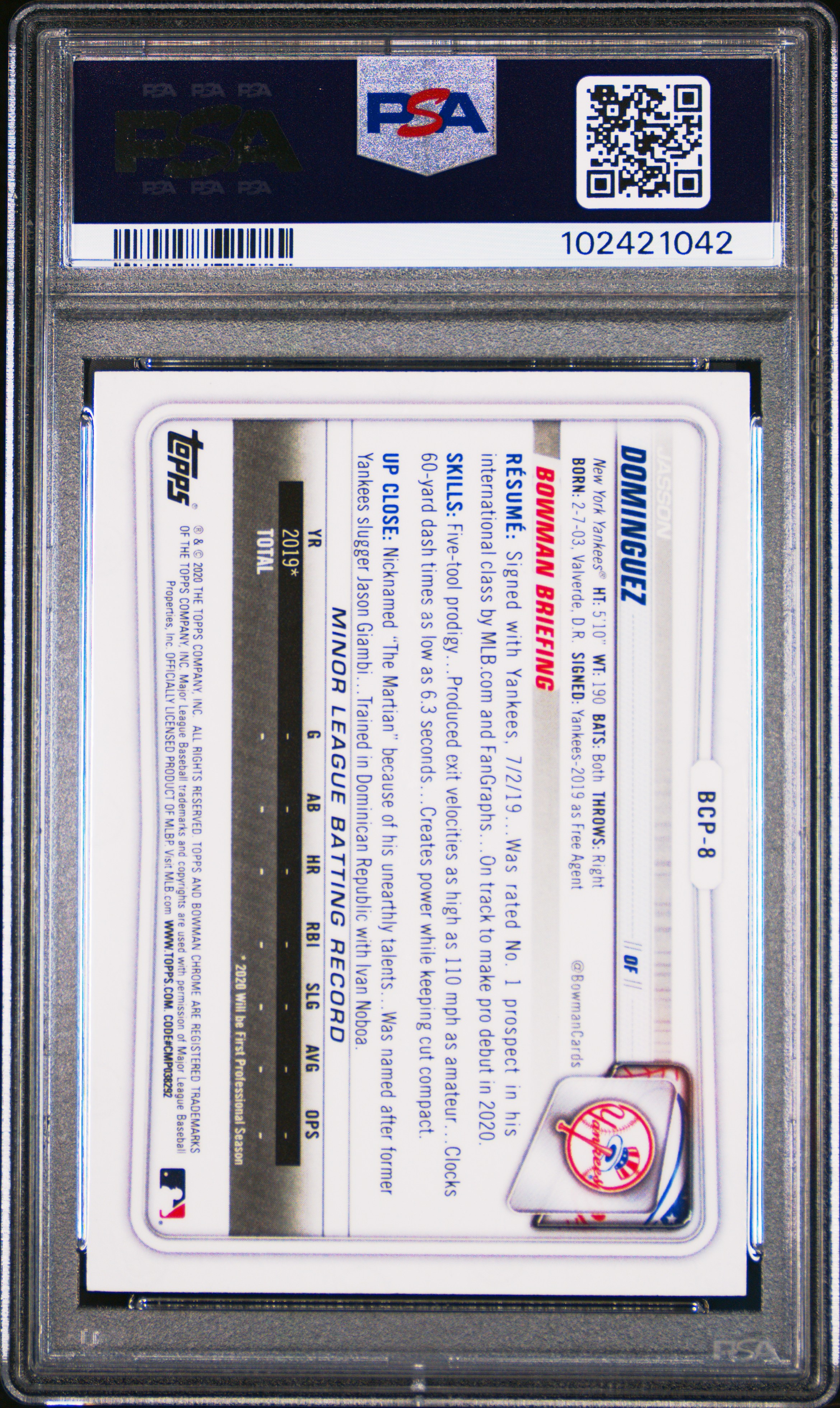 2020 Bowman Chrome Prospects Jasson Dominguez #Bcp8 (Prospects) Mint 9 back