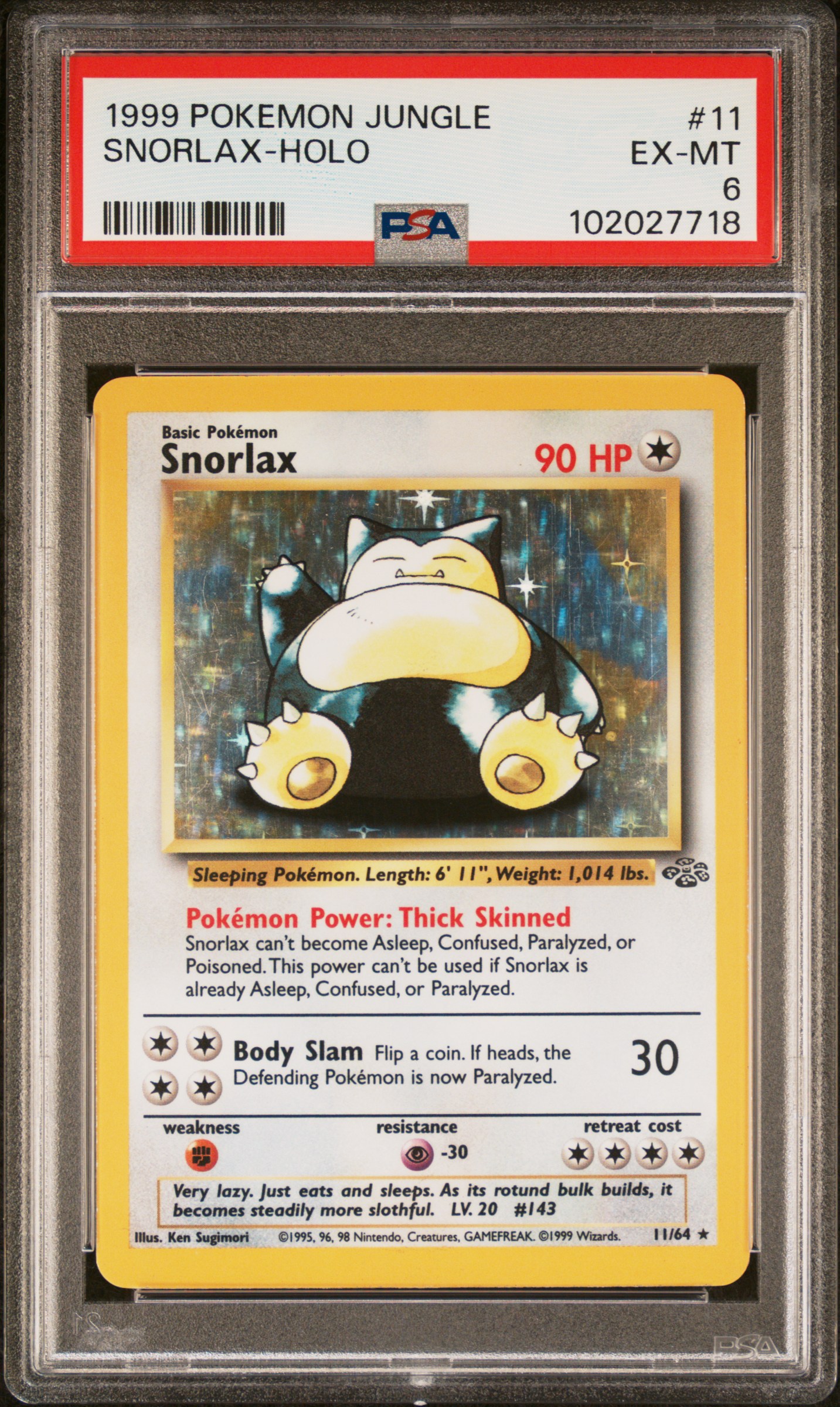 1999 Pokemon Jungle Snorlax-Holo #11 Ex-Mt 6 front