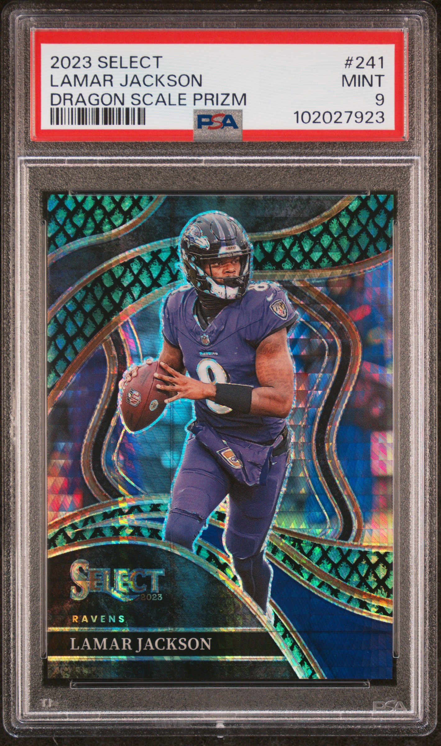 2023 Panini Select Lamar Jackson #241 (Dragon Scale Prizm) Mint 9 front