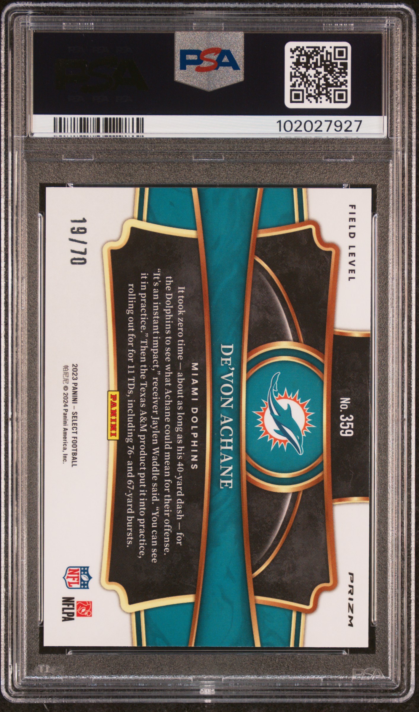 2023 Panini Select De'von Achane #359 (Dragon Scale Prizm) Mint 9 back