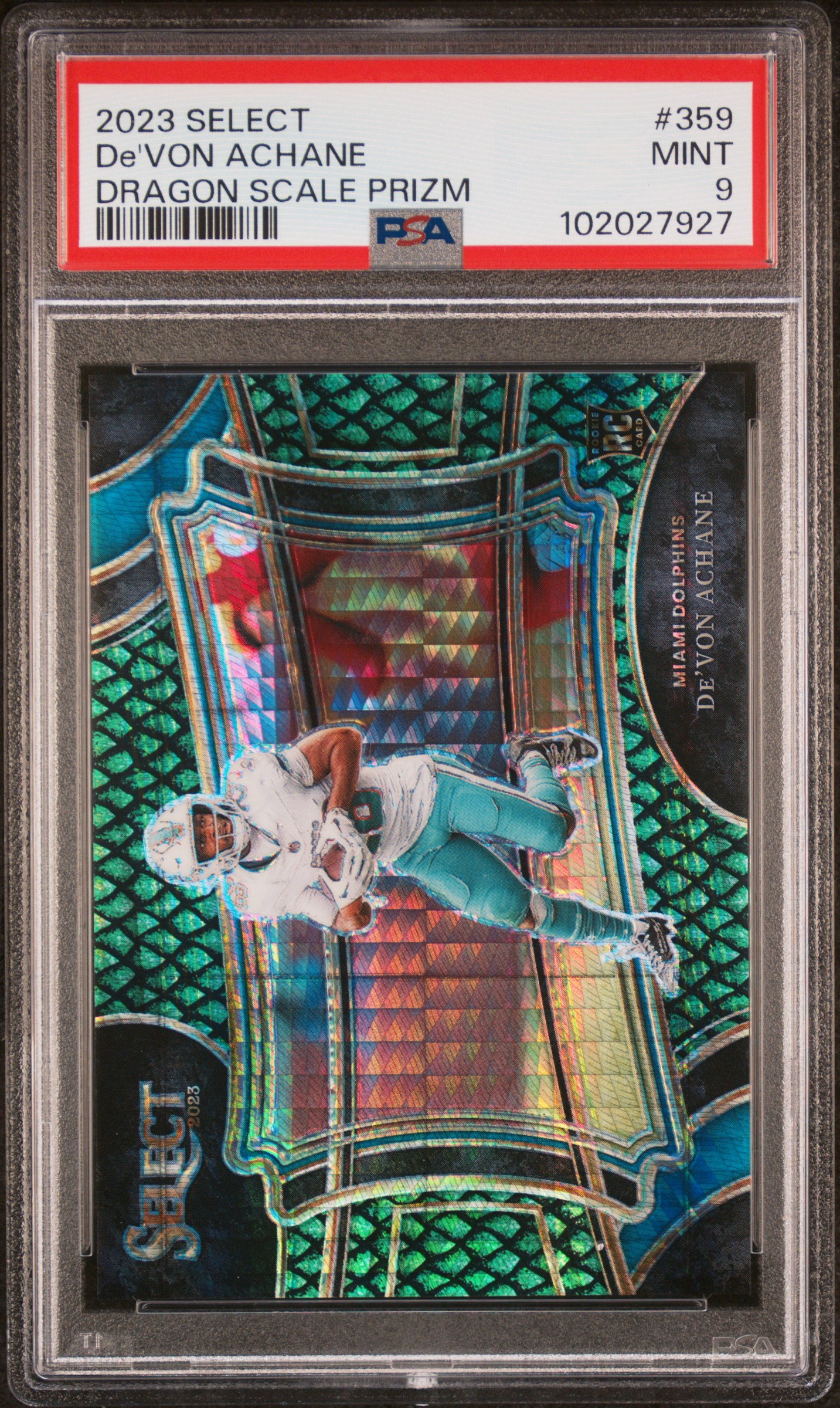 2023 Panini Select De'von Achane #359 (Dragon Scale Prizm) Mint 9 front