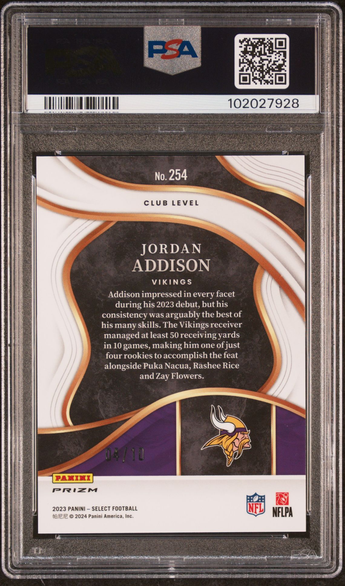 2023 Panini Select Jordan Addison #254 (Dragon Scale Gold Prizm) Gem Mt 10 back