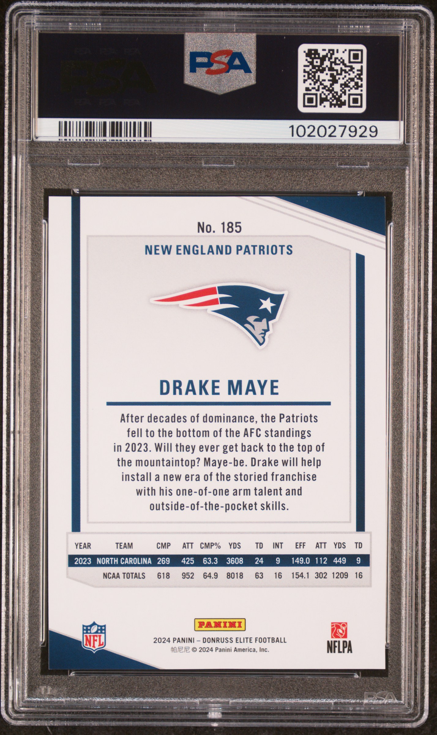 2024 Panini Donruss Elite Drake Maye #185 (Orange) Mint 9 back